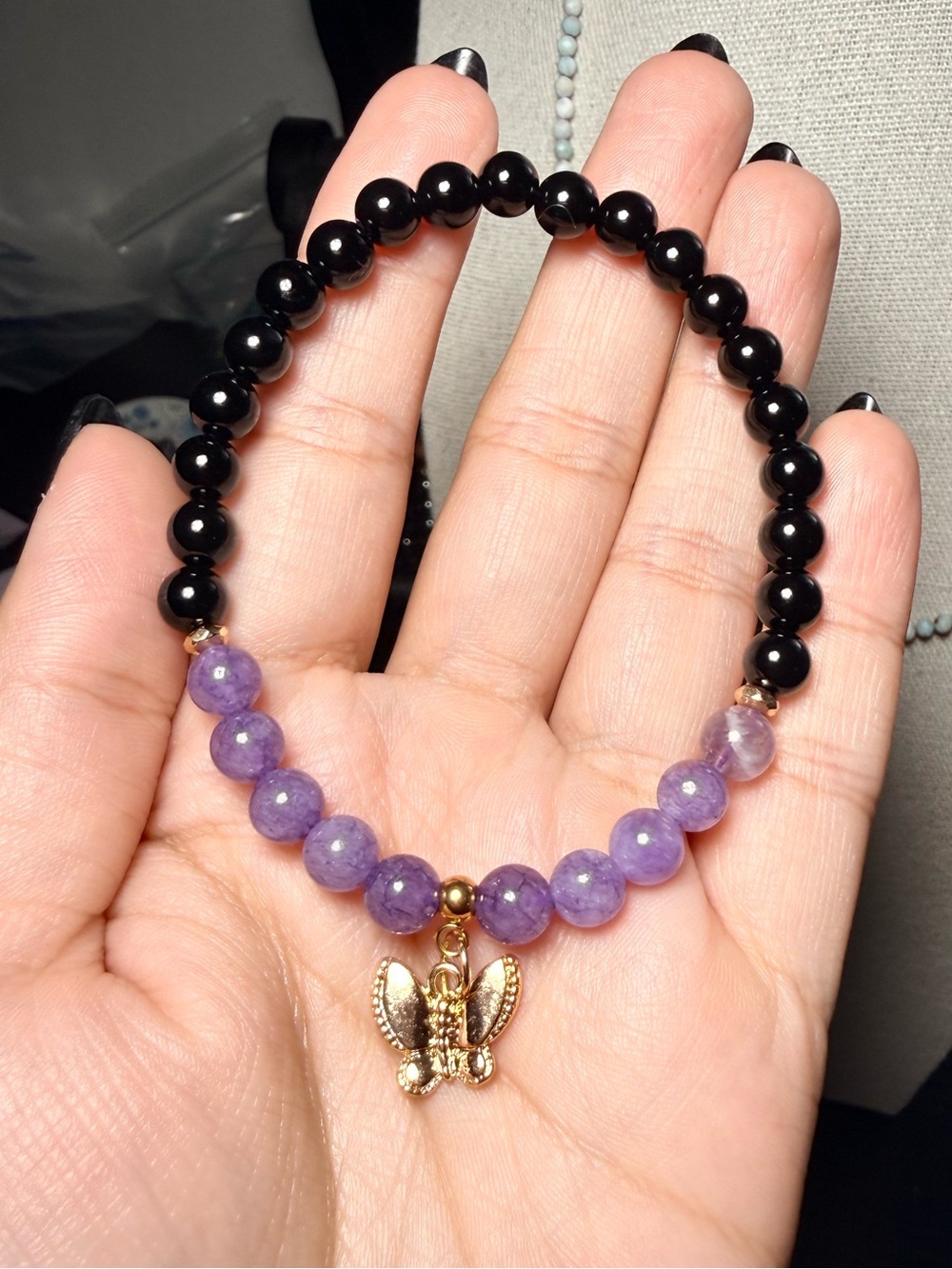 Black Onyx & Amethyst Butterfly Gemstone Bracelet 6mm